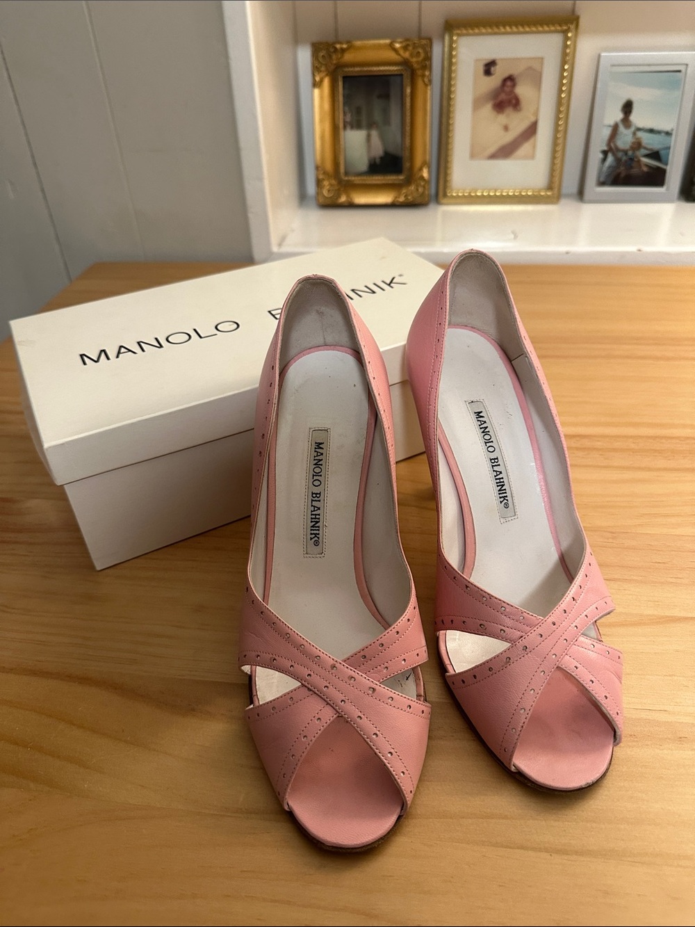 Manolo Blahnik Dusty Pink Leather Crisscross Peep-Toe Pumps